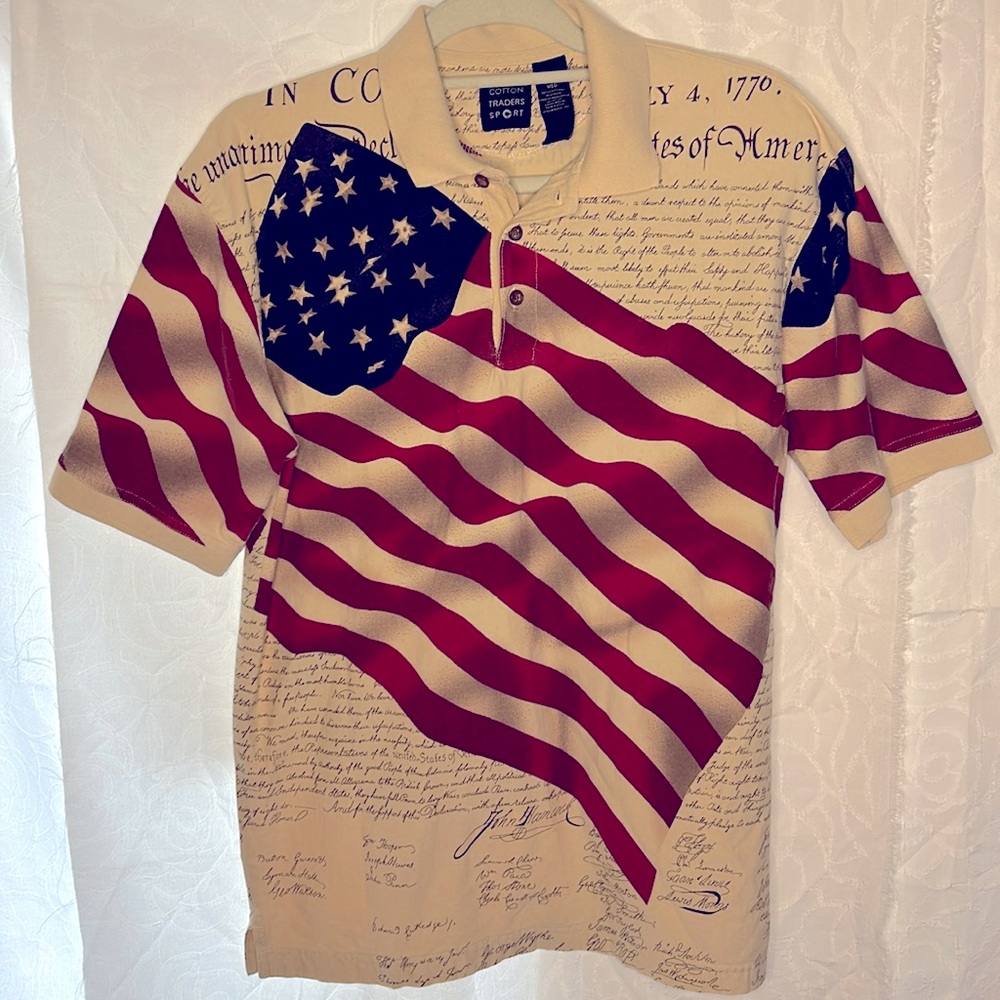COTTON TRADERS American flag Declaration Independence Golf shirt men’s Size M.